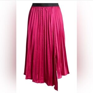 DKNY Womens Fuchsia Pink Pleated Asymmetrical Midi Skirt Logo Elastic Waist SZ L